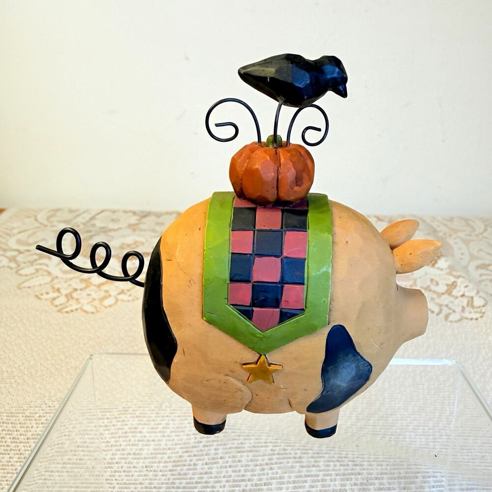 E. Smithson Hand Painted Signed Pig Figurine Pumpkin Crow Wood Metal Halloween